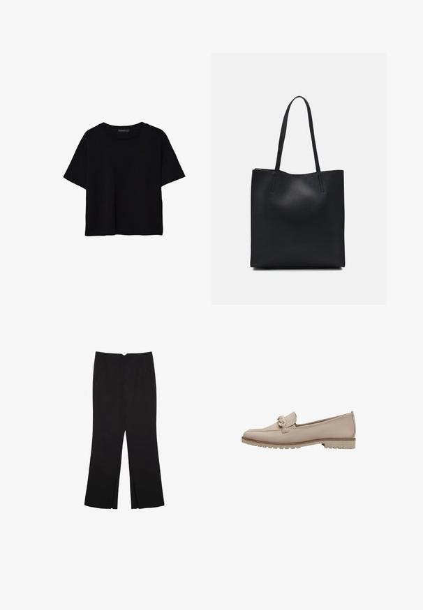 Black short-sleeve t-shirt made of cotton. Features a round neck and a loose fit with a smooth, plain texture. No visible patterns or accents.; Black trousers with a straight fit, featuring front pockets and side slits at the hem. Made of soft, smooth fabric. Suitable for various occasions.; Beige leather loafer with a stitched seam and decorative knot on the vamp. Features a textured rubber sole for grip and light cushioning.; Black leather tote bag with smooth texture, rectangular shape, and two long handles. No visible hardware or embellishments.