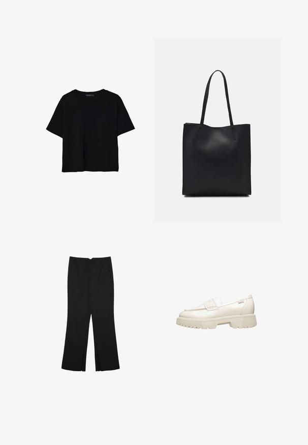 Czarna koszulka z krótkim rękawem wykonana z bawełny. Posiada okrągły dekolt i luźny krój z gładką, jednolitą teksturą. Brak widocznych wzorów lub akcentów.; Czarne spodnie o prostym kroju, z przednimi kieszeniami i bocznymi rozcięciami na dole. Wykonane z miękkiego, gładkiego materiału. Odpowiednie na różne okazje.; Biały skórzany but typu loafer z masywną, teksturowaną podeszwą i małym paskiem na górze. Minimalistyczny design i gładkie wykończenie.; Czarna skórzana torba tote o gładkiej fakturze, prostokątnym kształcie i dwóch długich uchwytach. Brak widocznych elementów metalowych i ozdób.
