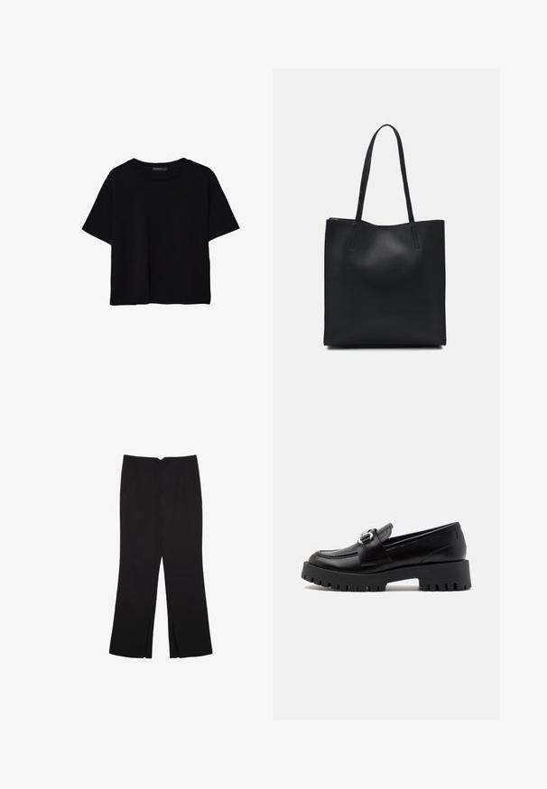 Zwart kortemouwen t-shirt van katoen. Heeft een ronde hals en een losse pasvorm met een gladde, egaal textuur. Geen zichtbare patronen of accenten.; Zwarte broek met een rechte pasvorm, voorzien van zijzakken en plooien aan de onderzijde. Gemaakt van zachte, gladde stof. Geschikt voor verschillende gelegenheden.; Zwarte leren loafers met een stevige, geribbelde zool en een metallic gespaccent op de band. Gladde textuur, klassieke uitstraling.; Zwarte leren handtas met een gladde textuur, rechthoekige vorm en twee lange handvaten. Geen zichtbare hardware of versieringen.