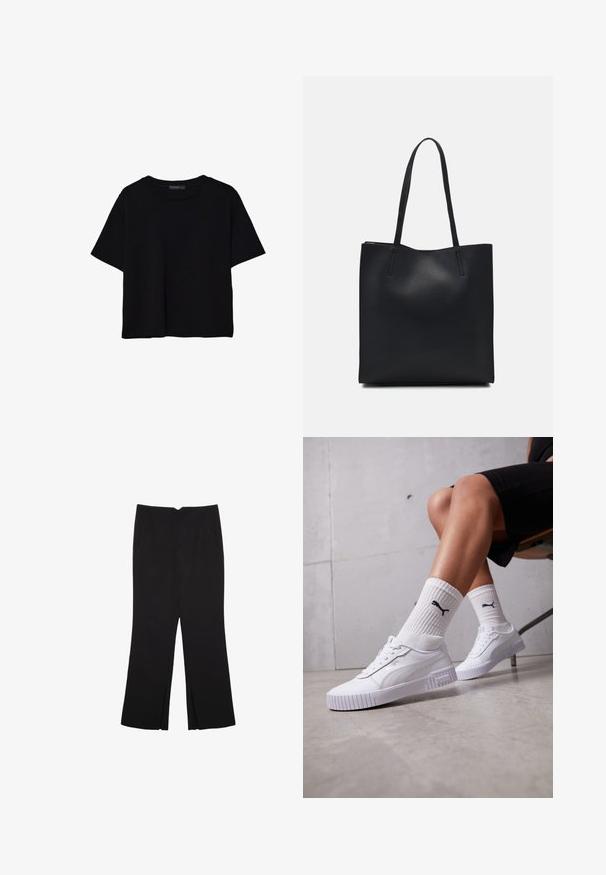 Černé tričko s krátkým rukávem vyrobené z bavlny. Má kulatý výstřih a volný střih s hladkým, jednobarevným povrchem. Bez viditelných vzorů nebo akcentů.; Černé kalhoty s rovným střihem, s předními kapsami a bočními rozparky na lemu. Vyrobené z jemné, hladké tkaniny. Vhodné na různé příležitosti.; Bílé tenisky s hladkým syntetickým svrškem, strukturovanou podrážkou a texturovanými detaily. Nosené s bílými žebrovanými ponožkami obsahujícími malé logo.; Černá kožená taška přes rameno s hladkým povrchem, obdélníkovým tvarem a dvěma dlouhými uchy. Žádné viditelné kování ani ozdoby.