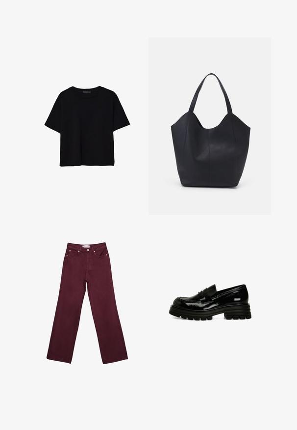 T-shirt nera a maniche corte in cotone. Presenta un collo rotondo e una vestibilità ampia con una texture liscia e uniforme. Nessun motivo o accento visibile.; Jeans bordeaux a vita alta con design a gamba dritta, dotati di tasche frontali, chiusura con bottone e rifiniture in tono rame.; Mocassini in vernice nera con suola in gomma spessa, texture liscia e un piccolo dettagli sul davanti. Presentano un design a profilo basso.; Borsa tote nera realizzata in pelle liscia, con una parte superiore curva e aperta, dotata di due manici per spalla e un design minimalista.