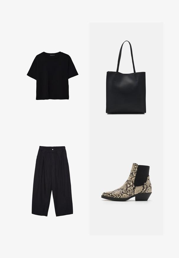 T-shirt noir à manches courtes en coton. Présente un col rond et une coupe ample avec une texture lisse et unie. Aucun motif ni accent visible.; Pantalon culotte noir en polyester avec une taille élastique, deux plis avant et une silhouette ample. Pas de motifs visibles ni de détails matériels.; Bottines imprimées serpent avec un bout pointu, des panneaux latéraux élastiques noirs et un petit talon carré. Fabriquées en matériau synthétique.; Sac fourre-tout en cuir noir avec une texture lisse, de forme rectangulaire et deux longues poignées. Pas de matériel ou d'ornementations visibles.