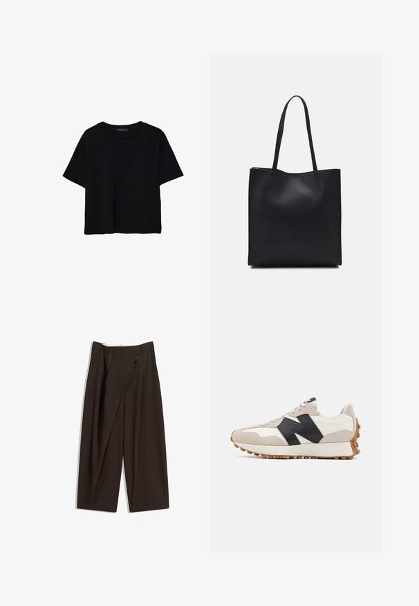 T-shirt nera a maniche corte in cotone. Presenta un collo rotondo e una vestibilità ampia con una texture liscia e uniforme. Nessun motivo o accento visibile.; Pantaloni a gamba larga marrone scuro con vita alta, dotati di una chiusura con bottone singolo e una parte anteriore plissettata. Realizzati in tessuto leggero.; Scarpe da corsa con tomaia in suede e pelle bianca e beige, caratterizzate da un grande logo nero, suola in gomma e dettagli testurizzati.; Borsa tote in pelle nera con texture liscia, forma rettangolare e due manici lunghi. Nessun hardware o decorazione visibile.