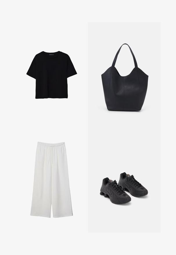Sort kortærmet T-shirt lavet af bomuld. Har rund hals og en løs pasform med en glat, ensfarvet tekstur. Ingen synlige mønstre eller detaljer.; Hvide vidde bukser lavet af letvægtsstof, med en elastisk talje og snøre for justerbar pasform. Glat tekstur.; Sorte atletiske sko med en glat syntetisk overdel, teksturerede detaljer, snørebåndsdesign og synlig fjederaffjedring ved hælen.; Sort tote taske lavet af glat læder, med en buet, åben top, to skulderstropper og et minimalistisk design.
