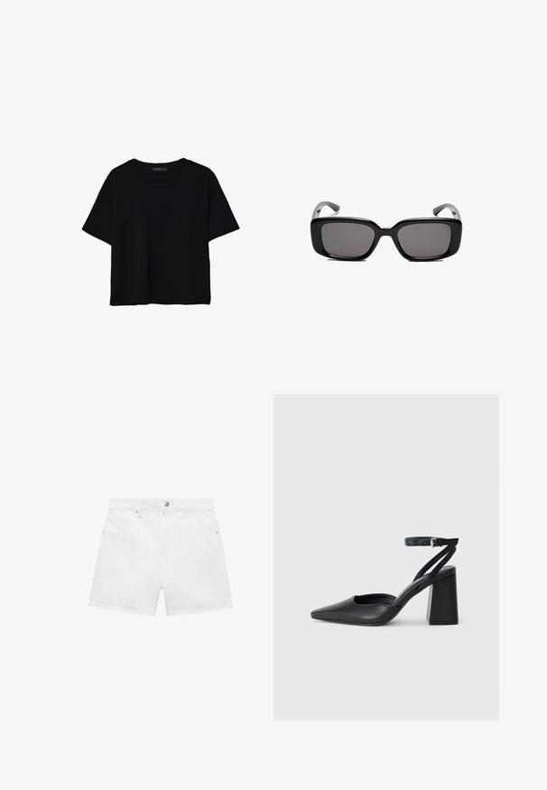 Svart t-shirt med kort ärm tillverkad av bomull. Har en rund hals och en lös passform med en slät, enfärgad yta. Inga synliga mönster eller accenter.; Vita denimshorts med fyrfackdesign, med knäppning fram och dragkedja, visade mot en neutral bakgrund.; Svart läderpumps med spetsig tå, ankelrem och kraftig klack. Slät textur, stilren design och minimalistisk estetik.; Svarta rektangulära solglasögon med mörka linser, slimmad plastbåge och böjda tempel. Designen är kraftig med en minimalistisk estetik.