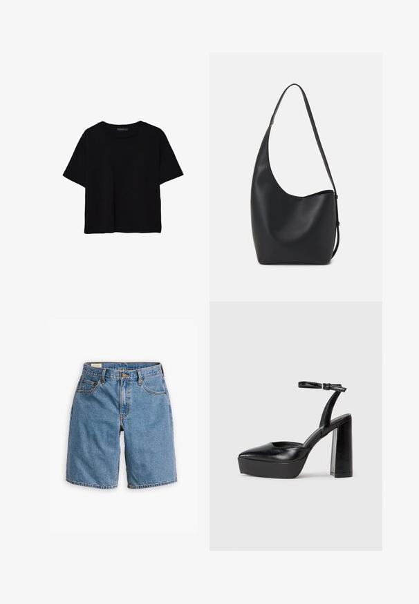 Sort kortærmet T-shirt lavet af bomuld. Har rund hals og en løs pasform med en glat, ensfarvet tekstur. Ingen synlige mønstre eller detaljer.; Blå denim shorts med et klassisk femlomme-design, lynlås med knaplukning og frynsede kanter.; Sorte platformhæle med spidse tæer og justerbar ankelrem. Construeret i glat læder, med en kraftig blokhæl.; Sort læder hobo taske med en glat overflade, buet form og en enkelt justerbar rem; har en bred åbning øverst.