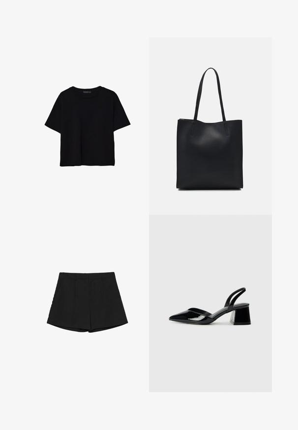 Czarna koszulka z krótkim rękawem wykonana z bawełny. Posiada okrągły dekolt i luźny krój z gładką, jednolitą teksturą. Brak widocznych wzorów lub akcentów.; Czarne szorty o kroju dopasowanym, z prostym przodem, dwiema bocznymi kieszeniami i prostym wykończeniem. Gładki materiał o czystym wykończeniu.; Czarne lakierowane półbuty na obcasie z wydłużonym noskiem i geometrycznym słupkiem. Charakteryzują się eleganckim, minimalistycznym designem oraz gładką fakturą.; Czarna skórzana torba tote o gładkiej fakturze, prostokątnym kształcie i dwóch długich uchwytach. Brak widocznych elementów metalowych i ozdób.