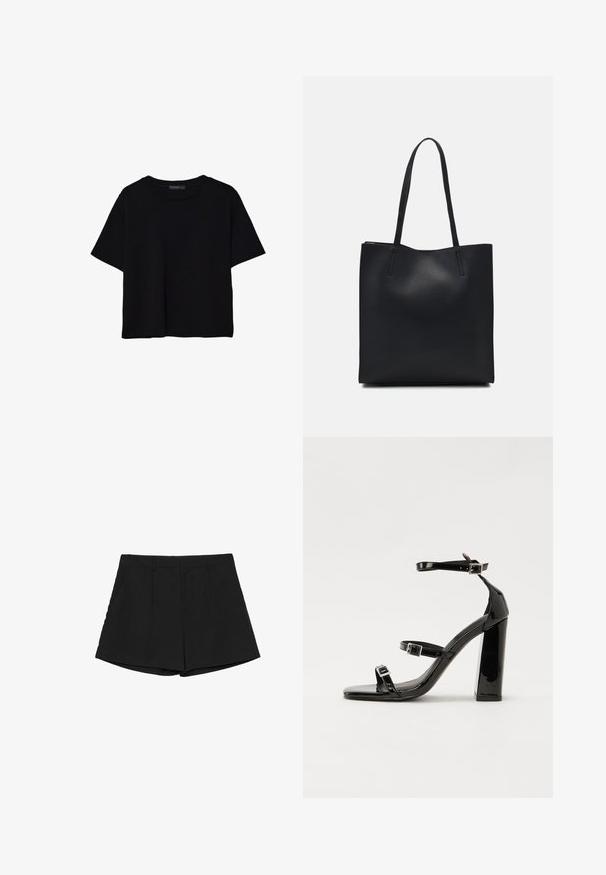 Schwarzes T-Shirt mit kurzen Ärmeln aus Baumwolle. Verfügt über einen runden Ausschnitt und einen lockeren Schnitt mit einer glatten, einfarbigen Textur. Keine sichtbaren Muster oder Akzente.; Schwarze Shorts mit einem maßgeschneiderten Design, das eine flache Vorderseite, zwei Seitentaschen und einen geraden Saum umfasst. Glattes Material mit einem sauberen Finish.; Schwarze patentierte Sandalen mit Absatz, quadratischer Spitze, Knöchelriemen und silbernen Schnallen. Mit einem stabilen Blockabsatz für mehr Stabilität.; Schwarze Laptoptasche aus Leder mit glatter Textur, rechteckiger Form und zwei langen Griffen. Keine sichtbaren Beschläge oder Verzierungen.