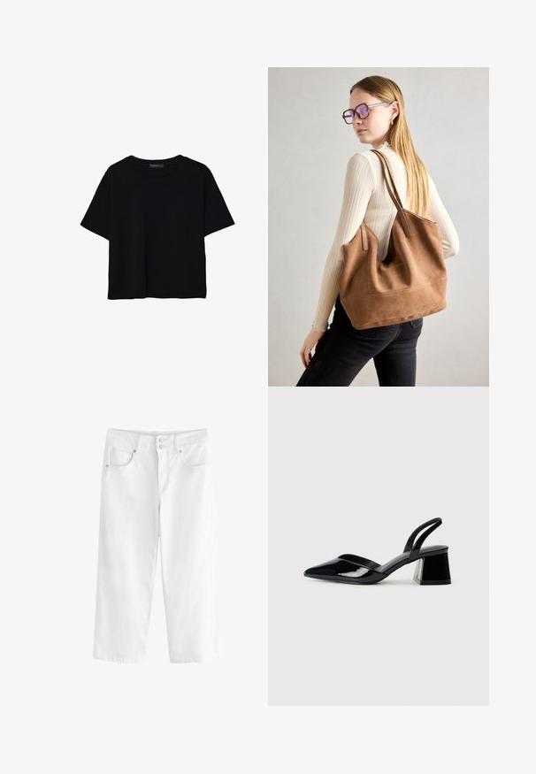 Black short-sleeve t-shirt made of cotton. Features a round neck and a loose fit with a smooth, plain texture. No visible patterns or accents.; White denim culottes with a relaxed fit, two front pockets, and a button closure. Textured material with stitched seams.; Black patent leather slingback heels with a pointed toe and a geometric block heel. Features a sleek, minimal design and smooth texture.; Brown suede tote bag with soft texture, large opening, and long straps. Features a simple design with visible stitching and no hardware.
