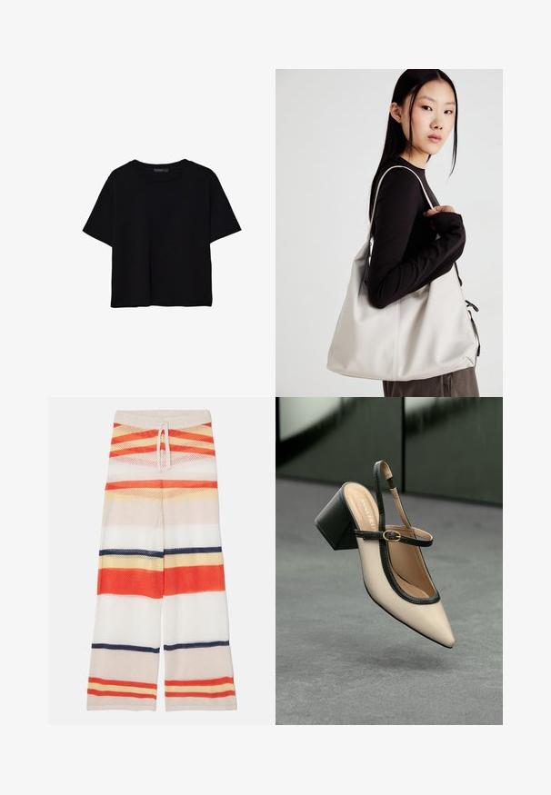 Czarna koszulka z krótkim rękawem wykonana z bawełny. Posiada okrągły dekolt i luźny krój z gładką, jednolitą teksturą. Brak widocznych wzorów lub akcentów.; Szerokie spodnie z siateczki z poziomymi paskami w kolorze czerwonym, pomarańczowym, żółtym, białym i granatowym. Elastyczny pas z detalem w postaci sznurka.; Beżowe buty typu slingback z ostrym noskiem, czarnym wykończeniem, złotą klamrą i grubym obcasem na szarym podłożu z ciemnozielonym tłem.; Beżowa torebka wykonana z miękkiego materiału, charakteryzująca się luźnym fasonem, wyszywanymi detalami i dwoma uchwytami na ramię. Idealna na co dzień.