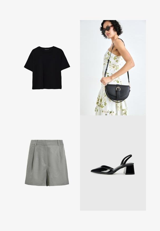 T-shirt nera a maniche corte in cotone. Presenta un collo rotondo e una vestibilità ampia con una texture liscia e uniforme. Nessun motivo o accento visibile.; Pantaloni corti grigi chiari realizzati in tessuto testurizzato, con vita alta e davanti piatto, dotati di due pieghe frontali e senza chiusure visibili.; Décolleté in vernice nera con punta affusolata e tacco in geometria cubica. Presentano un design elegante e minimalista, con una texture liscia.; Borsa a tracolla nera in pelle con una forma curva, manico rimovibile e accessori dorati. La borsa presenta una patta con un dettaglio a fibbia.