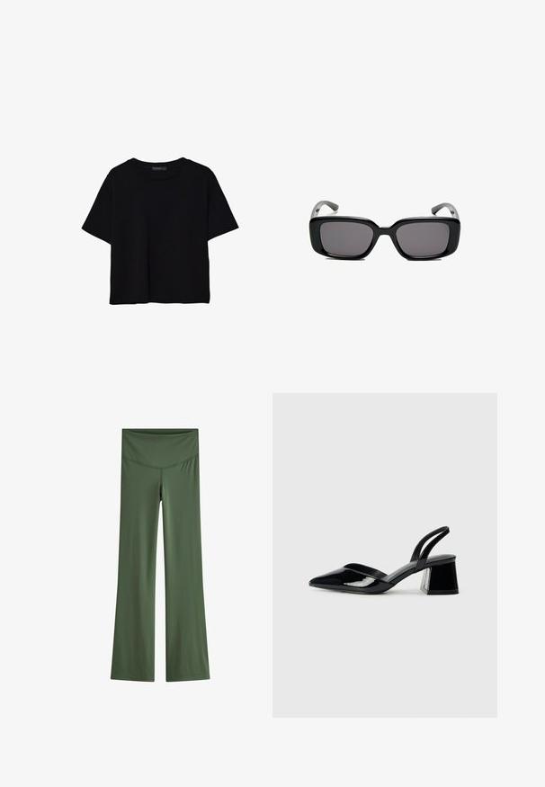 T-shirt nera a maniche corte in cotone. Presenta un collo rotondo e una vestibilità ampia con una texture liscia e uniforme. Nessun motivo o accento visibile.; Leggings a campana in tessuto verde oliva, con una cintura liscia e un design elegante senza motivi o abbellimenti prominenti.; Décolleté in vernice nera con punta affusolata e tacco in geometria cubica. Presentano un design elegante e minimalista, con una texture liscia.; Occhiali da sole neri rettangolari con lenti scure, montatura in plastica liscia e tempie curve. Il design è voluminoso con un'estetica minimalista.