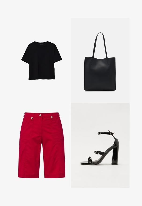T-shirt nera a maniche corte in cotone. Presenta un collo rotondo e una vestibilità ampia con una texture liscia e uniforme. Nessun motivo o accento visibile.; Pantaloni cargo rossi in cotone con due tasche laterali, cuciture decorative e chiusure a bottone argentato in vita.; Sandali con tacco in vernice nera, con punta squadrata, cinturini alla caviglia e fibbie in argento. Presentano un tacco a blocco spesso per maggiore stabilità.; Borsa tote in pelle nera con texture liscia, forma rettangolare e due manici lunghi. Nessun hardware o decorazione visibile.