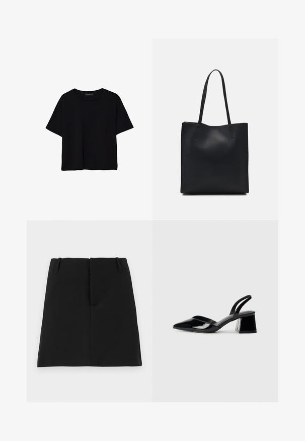 Crna majica kratkih rukava od pamuka. Ima okrugli izrez i labav kroj s glatkom, jednoličnom teksturom. Nema vidljivih uzoraka ili akcenta.; Crna mini suknja s uskim dizajnom, koja ima dvije prednje džepove i ravni rub. Izrađena je od glatkog materijala bez vidljivih uzoraka.; Crne lakirane kožne sandale s otvorenom petom i špicastim vrhom, s geometrijskom blok petom. Imaju elegantan, minimalistički dizajn i glatku teksturu.; Crna kožna torba za nošenje s glatkom teksturom, pravokutnim oblikom i dvije duge ručke. Nema vidljivih metalnih dijelova ili ukrasa.