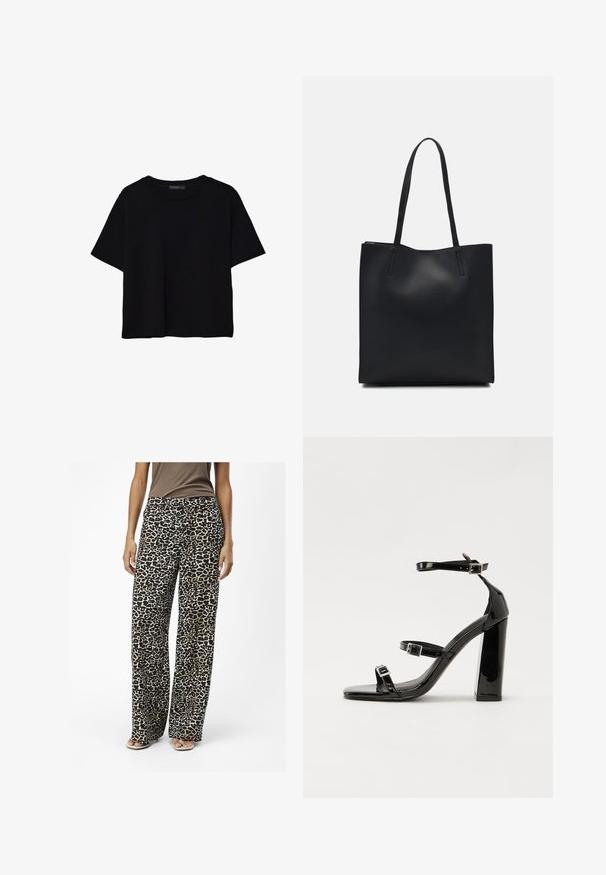 T-shirt noir à manches courtes en coton. Présente un col rond et une coupe ample avec une texture lisse et unie. Aucun motif ni accent visible.; Pantalons larges à imprimé léopard en tissu doux, avec des couleurs noir et beige, offrant une coupe décontractée et de légères poches latérales.; Sandales à talons vernies noires avec un bout carré, des sangles autour de la cheville et des boucles en argent. Dotées d'un talon bloc épais pour plus de stabilité.; Sac fourre-tout en cuir noir avec une texture lisse, de forme rectangulaire et deux longues poignées. Pas de matériel ou d'ornementations visibles.