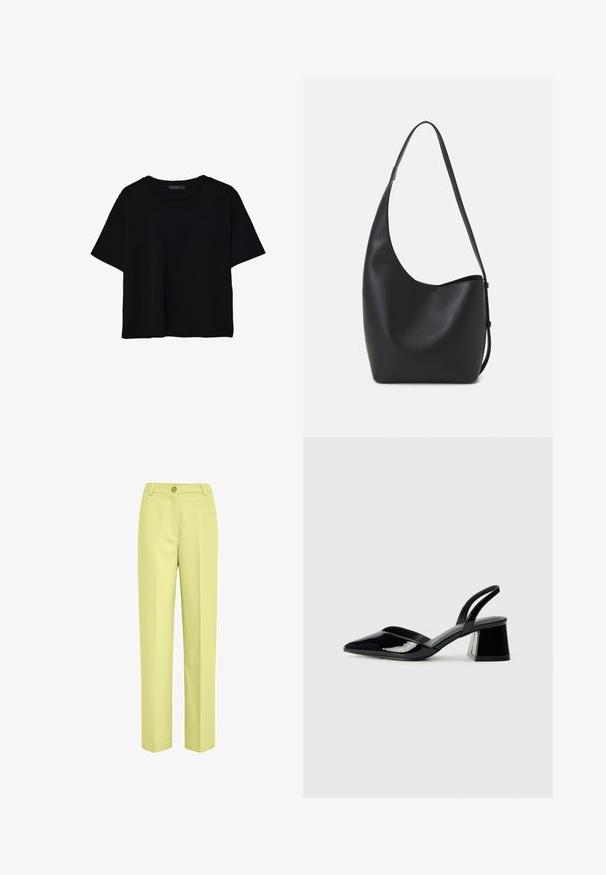 Schwarzes T-Shirt mit kurzen Ärmeln aus Baumwolle. Verfügt über einen runden Ausschnitt und einen lockeren Schnitt mit einer glatten, einfarbigen Textur. Keine sichtbaren Muster oder Akzente.; Hellgelbe, weit geschnittene Hose aus glattem Stoff mit einem einzelnen Knopfverschluss und einem flachen Vorderdesign.; Schwarze Lackleder-Slingback-High Heels mit spitzem Schuh und einem geometrischen Blockabsatz. Verfügt über ein schlankes, minimalistisches Design und eine glatte Textur.; Schwarze Leder-Hobo-Tasche mit einer glatten Textur, geschwungener Form und einem einzelnen verstellbaren Tragegurt; verfügt über eine weite Öffnung am oberen Ende.
