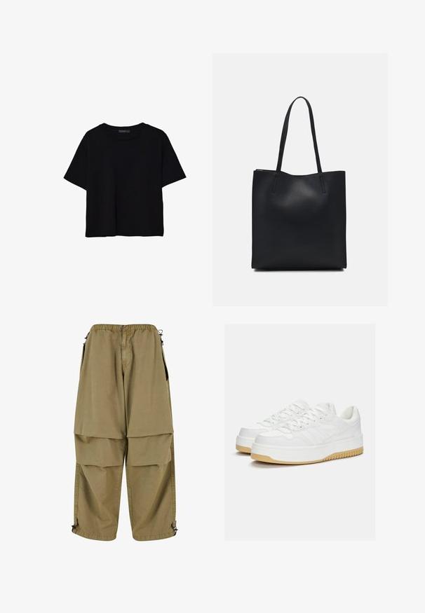 Črna kratkotrajna majica brez rokavov iz bombaža. Ima okroglo ovratnico in sproščen kroj z gladko, enostavno teksturo. Brez vidnih vzorcev ali dodatkov.; Bežne cargo hlače z elastičnim pasom, velikimi sprednjimi žepi in prilagodljivimi manšeti. Narejene so iz lahkega materiala z gladko teksturo.; Bela športna obutev iz teksturirane usnje, ki ima debelo podplat, šivane detajle in ravne vezalke. Gumijast podplat v bež barvi.; Črna usnjena torba s svilnato teksturo, pravokotne oblike in dvema dolgima ročajema. Brez vidnih metalnih delov ali okrasnih elementov.