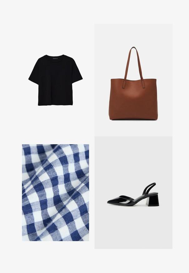 Crna majica kratkih rukava od pamuka. Ima okrugli izrez i labav kroj s glatkom, jednoličnom teksturom. Nema vidljivih uzoraka ili akcenta.; Pamukasta tkanina s plavim i bijelim kariranim uzorkom sadrži male, ravnomjerne kvadrate. Tekstura izgleda tkana i glatka.; Crne lakirane kožne sandale s otvorenom petom i špicastim vrhom, s geometrijskom blok petom. Imaju elegantan, minimalistički dizajn i glatku teksturu.; Smeđa kožna torba preko ramena s glatkom teksturom, otvorenim vrhom i dvjema naramenicama. Ima minimalne šavove i nema vidljivog hardvera.