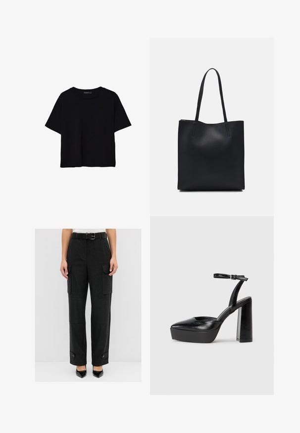 Mustat lyhyet hihavat t-paidat, jotka on valmistettu puuvillasta. Ominaisuuksiin kuuluu pyöreä kaula-aukko ja löysä istuvuus sekä sileä, yksinkertainen pinta. Ei näkyviä kuvioita tai koristeita.; Mustat cargo-housut suoran istuvuuden kanssa, joissa on sivutaskut, vyötärönauha ja nappikoristeet hihansuissa. Silkkinen kangas.; Mustat korkeat platform-kengät, joissa on terävä kärki ja säädettävä nilkkaremmi. Valmistettu sileästä nahasta ja varustettu paksulla lohkokorkeudella.; Mustapahkainen kangaskassi, jossa on sileä pinta, suorakaiteen muotoinen ja kaksi pitkää kahvaa. Ei näkyvää metalliosaa tai koristeita.