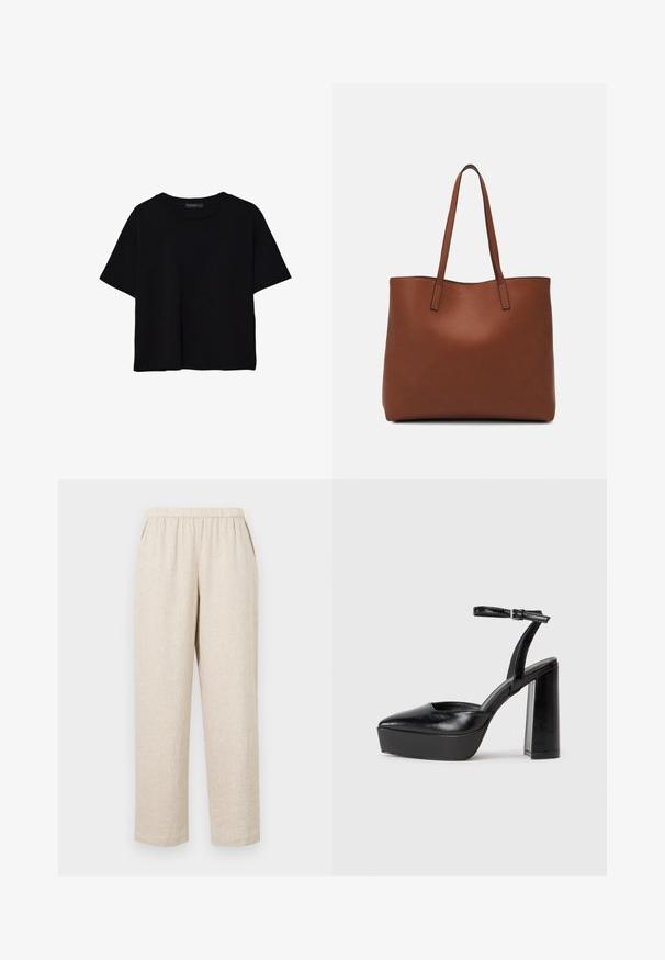 Černé tričko s krátkým rukávem vyrobené z bavlny. Má kulatý výstřih a volný střih s hladkým, jednobarevným povrchem. Bez viditelných vzorů nebo akcentů.; Beige lněné kalhoty s elastickým pasem, bočními kapsami, rovnými nohavicemi a texturovaným povrchem.; Černé platformové podpatky s špičatou špičkou a nastavitelným kotníkovým popruhem. Vyrobeny z hladké kůže, s masivním blokovým podpatkem.; Hnědá kožená taška přes rameno s hladkou texturou, otevřeným designem a dvěma ramenními popruhy. Obsahuje minimální švy a žádné viditelné kovové prvky.