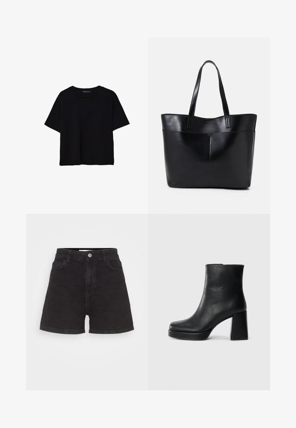 Čierne tričko s krátkym rukávom vyrobené z bavlny. Má okrúhly výstrih a voľný strih s hladkou, jednofarebnou textúrou. Žiadne viditeľné vzory ani akcenty.; Čierne džínsy s vysokým pásom, piatimi vreckami a predným zapínaním na gombík. Obsahujú jednoduchý, nezdobený dizajn.; Čierne kožené členkové topánky s blokovým podpätkom a platformovou podrážkou, zobrazené z boku na bielom pozadí.; Čierna kožená tote taška s dvoma dlhými rúčkami, hladkým povrchom a štruktúrovaným tvarom. Obsahuje prednú kapsu pre dodatočné uskladnenie.