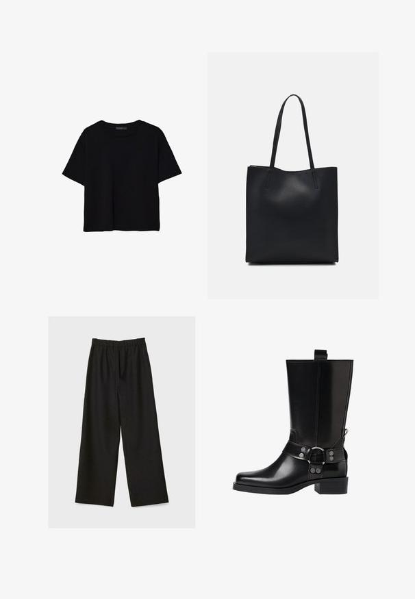 Černé tričko s krátkým rukávem vyrobené z bavlny. Má kulatý výstřih a volný střih s hladkým, jednobarevným povrchem. Bez viditelných vzorů nebo akcentů.; Černé kalhoty s širokými nohavicemi a elastickým pasem, vystavené na světlém pozadí.; Černá kožená vysoká bunda s špičatou špičkou, stříbrnými sponami a robustní podešví. Obsahuje poutko pro snadné obutí.; Černá kožená taška přes rameno s hladkým povrchem, obdélníkovým tvarem a dvěma dlouhými uchy. Žádné viditelné kování ani ozdoby.