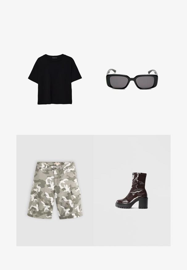 Crna majica kratkih rukava od pamuka. Ima okrugli izrez i labav kroj s glatkom, jednoličnom teksturom. Nema vidljivih uzoraka ili akcenta.; Levi's® BAGGY DAD CARGO SHORT - Kratke hlače od trapera - bader camo agate gray; Sjajna burgundska čizma do gležnja s debelim crnim potplatom, koja se odlikuje glatkom teksturom i jednostavnim dizajnom. Nema vidljivih kopčanja ili uzoraka.; Crne pravokutne sunčane naočale s tamnim lećama, glatkim plastičnim okvirom i zakrivljenim državama. Dizajn je masivan s minimalističkom estetikom.