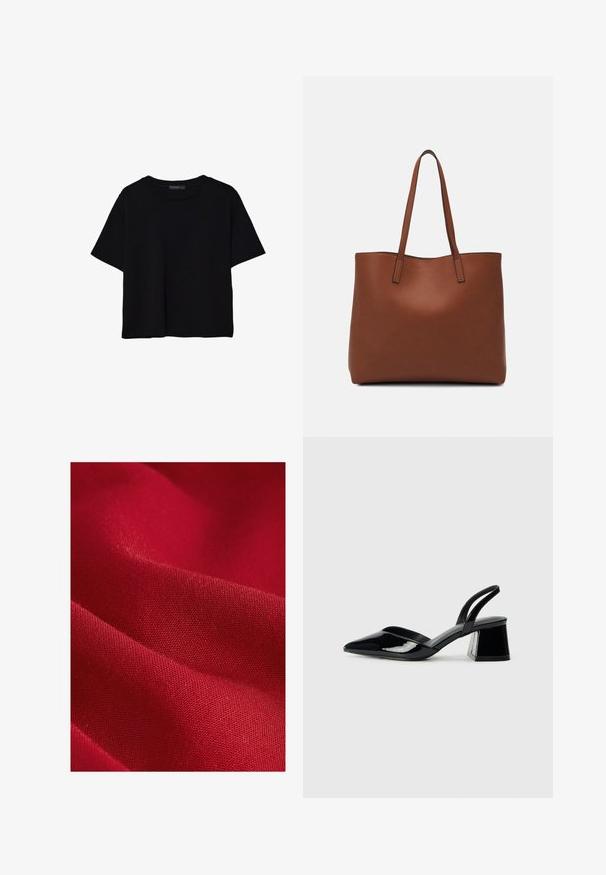Crna majica kratkih rukava od pamuka. Ima okrugli izrez i labav kroj s glatkom, jednoličnom teksturom. Nema vidljivih uzoraka ili akcenta.; Crvena tkanina s glatkom teksturom, koja se odlikuje finim tkanjem i blagim sjajem, pokazuje nježne nabore i konture.; Crne lakirane kožne sandale s otvorenom petom i špicastim vrhom, s geometrijskom blok petom. Imaju elegantan, minimalistički dizajn i glatku teksturu.; Smeđa kožna torba preko ramena s glatkom teksturom, otvorenim vrhom i dvjema naramenicama. Ima minimalne šavove i nema vidljivog hardvera.