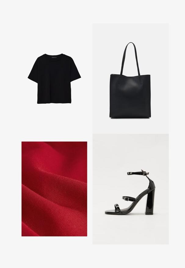 Čierne tričko s krátkym rukávom vyrobené z bavlny. Má okrúhly výstrih a voľný strih s hladkou, jednofarebnou textúrou. Žiadne viditeľné vzory ani akcenty.; Červená látka s hladkou textúrou, s jemným tkaním a miernym leskom, zobrazujúca jemné záhyby a obrysy.; Čierne lakované sandále na podpätku so štvorcovou špičkou, navlečenými remienkami okolo členku a striebornými prackami. Disponujú masívnym blokovým podpätkom pre stabilitu.; Čierna kožená taška na rameno s hladkým povrchom, obdĺžnikovým tvarom a dvoma dlhými uchami. Bez viditeľného kovania alebo ozdôb.
