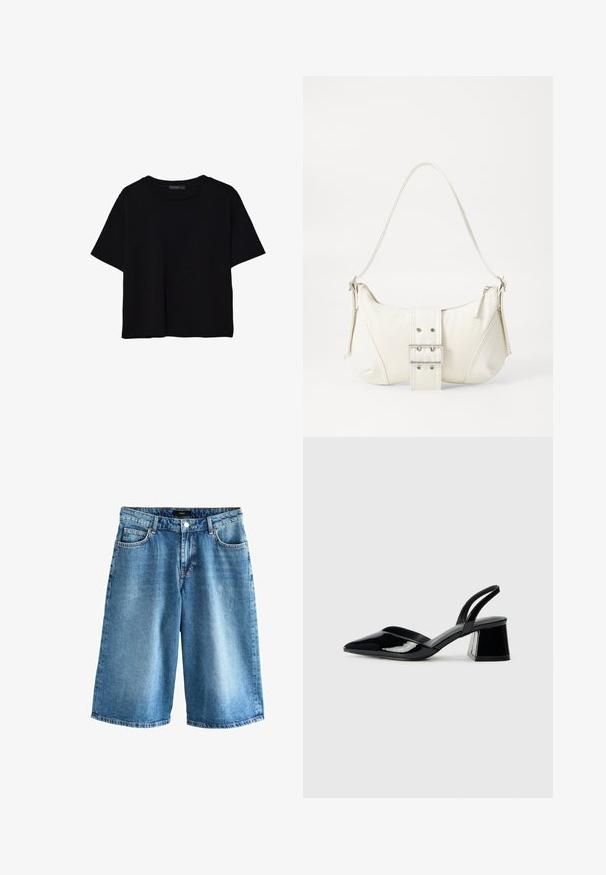 Mustat lyhyet hihavat t-paidat, jotka on valmistettu puuvillasta. Ominaisuuksiin kuuluu pyöreä kaula-aukko ja löysä istuvuus sekä sileä, yksinkertainen pinta. Ei näkyviä kuvioita tai koristeita.; Next Farkkushortsit - dark blue; Mustat patentoitu nahkakengät, joissa on säären takaosa ja terävä kärki, sekä geometrinen palikkakorko. Sisältää tyylikkään, minimalistisen muotoilun ja sileän pinnan.; Valkoinen olkalaukku, jossa on teksturoitu pinta, keskeinen solkiyksityiskohta ja kaareva muoto. Vetoketjusulkimet kummallakin puolella.