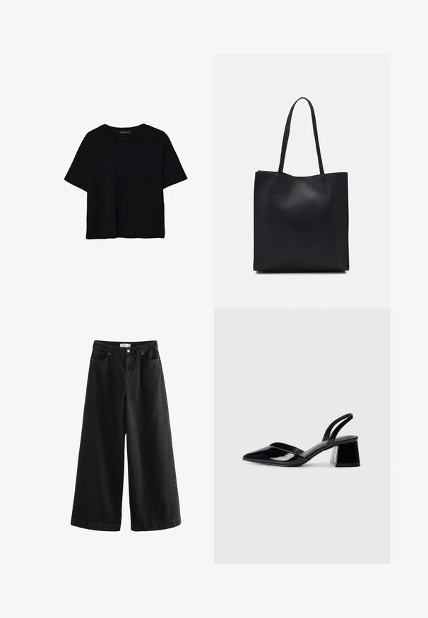 T-shirt nera a maniche corte in cotone. Presenta un collo rotondo e una vestibilità ampia con una texture liscia e uniforme. Nessun motivo o accento visibile.; Jeans neri a gamba larga in denim, con vita alta, cinque tasche e una finitura pulita. Il tessuto ha una texture liscia, con minimi accenti.; Décolleté in vernice nera con punta affusolata e tacco in geometria cubica. Presentano un design elegante e minimalista, con una texture liscia.; Borsa tote in pelle nera con texture liscia, forma rettangolare e due manici lunghi. Nessun hardware o decorazione visibile.