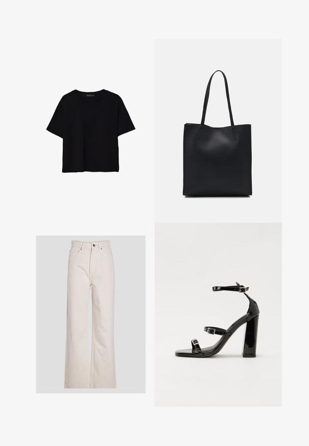 Mustat lyhyet hihavat t-paidat, jotka on valmistettu puuvillasta. Ominaisuuksiin kuuluu pyöreä kaula-aukko ja löysä istuvuus sekä sileä, yksinkertainen pinta. Ei näkyviä kuvioita tai koristeita.; Beige levele jeans made of cotton denim, featuring a high waist, front button closure, and standard five-pocket design.; Musta kiiltävä korkokenkä sandaalit neliönmuotoisella varpaalla, nilkkaremmillä ja hopeisilla soljilla. Varustettu tukevalla lohkokorkealla vakauden takaamiseksi.; Mustapahkainen kangaskassi, jossa on sileä pinta, suorakaiteen muotoinen ja kaksi pitkää kahvaa. Ei näkyvää metalliosaa tai koristeita.