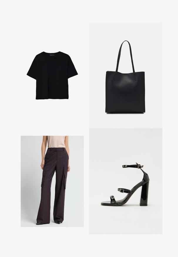T-shirt noir à manches courtes en coton. Présente un col rond et une coupe ample avec une texture lisse et unie. Aucun motif ni accent visible.; Pantalons cargo à jambes larges en bordeaux foncé avec des rayures verticales, dotés de deux grandes poches latérales et d'une taille ajustée pour un ajustement structuré.; Sandales à talons vernies noires avec un bout carré, des sangles autour de la cheville et des boucles en argent. Dotées d'un talon bloc épais pour plus de stabilité.; Sac fourre-tout en cuir noir avec une texture lisse, de forme rectangulaire et deux longues poignées. Pas de matériel ou d'ornementations visibles.
