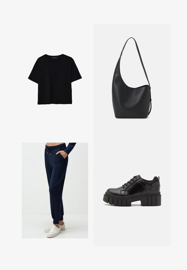 Schwarzes T-Shirt mit kurzen Ärmeln aus Baumwolle. Verfügt über einen runden Ausschnitt und einen lockeren Schnitt mit einer glatten, einfarbigen Textur. Keine sichtbaren Muster oder Akzente.; Jimmy Key JOGGER  - Jogginghose - dark blue; Schwarze Lederplateauschuhe mit klobigem Blockabsatz, runder Zehenpartie und traditionellem Schnürdesign. Verfügt über eine glatte Textur und minimale Details.; Schwarze Leder-Hobo-Tasche mit einer glatten Textur, geschwungener Form und einem einzelnen verstellbaren Tragegurt; verfügt über eine weite Öffnung am oberen Ende.