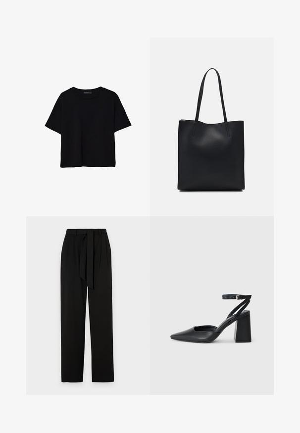 Svart t-shirt med kort ärm tillverkad av bomull. Har en rund hals och en lös passform med en slät, enfärgad yta. Inga synliga mönster eller accenter.; Svarta byxor med hög midja, sidofållar och ett tygbälte. Tillverkade av ett slätt material med raka, fullängds ben.; Svart läderpumps med spetsig tå, ankelrem och kraftig klack. Slät textur, stilren design och minimalistisk estetik.; Svart lädertoffelväska med slät textur, rektangulär form och två långa handtag. Ingen synlig hårdvara eller dekorationer.