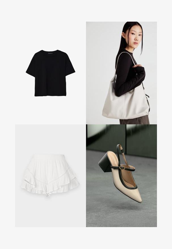 Mustat lyhyet hihavat t-paidat, jotka on valmistettu puuvillasta. Ominaisuuksiin kuuluu pyöreä kaula-aukko ja löysä istuvuus sekä sileä, yksinkertainen pinta. Ei näkyviä kuvioita tai koristeita.; Valkoinen hame, jossa on kerroksellisia röyhelöitä, valmistettu kevyestä kankaasta. Ompeleet ovat koristeellisia saumoissa, ja hameessa on vartalonmyötäinen vyötärö.; Beige slingback-kengät, joissa on musta reuna, kultahakas, ja paksu lohkoheel, harmaalla lattialla tummanvihreää taustaa vasten.; Beige laukku, joka on valmistettu pehmeästä materiaalista, ja siinä on rento muotoilu, ommeltu yksityiskohtia ja kaksi olkahihnaa. Sopii päivittäiseen käyttöön.