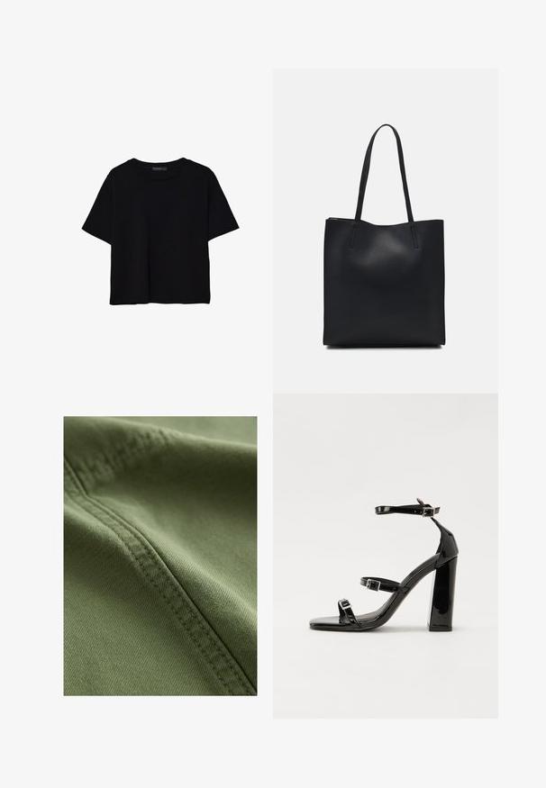 Črna kratkotrajna majica brez rokavov iz bombaža. Ima okroglo ovratnico in sproščen kroj z gladko, enostavno teksturo. Brez vidnih vzorcev ali dodatkov.; Next Kratke hlače iz džinsa - khaki green; Črne lakirane sandale s peto, kvadratnim prstom, trakovi okrog gležnja in srebrnimi zaponkami. Opremljene so s stabilno Debelo peto.; Črna usnjena torba s svilnato teksturo, pravokotne oblike in dvema dolgima ročajema. Brez vidnih metalnih delov ali okrasnih elementov.