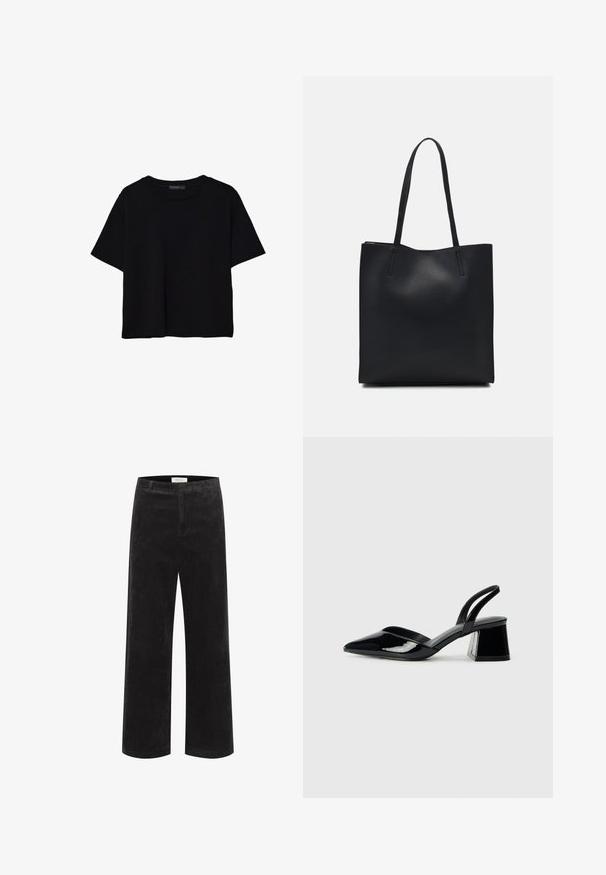 T-shirt noir à manches courtes en coton. Présente un col rond et une coupe ample avec une texture lisse et unie. Aucun motif ni accent visible.; Pantalons larges en velours côtelé noir avec des côtes verticales, une taille structurée et un devant plat. Le tissu semble doux avec un léger éclat.; Escarpins en cuir verni noir avec bout pointu et talon bloc géométrique. Présente un design élégant et minimaliste ainsi qu'une texture lisse.; Sac fourre-tout en cuir noir avec une texture lisse, de forme rectangulaire et deux longues poignées. Pas de matériel ou d'ornementations visibles.