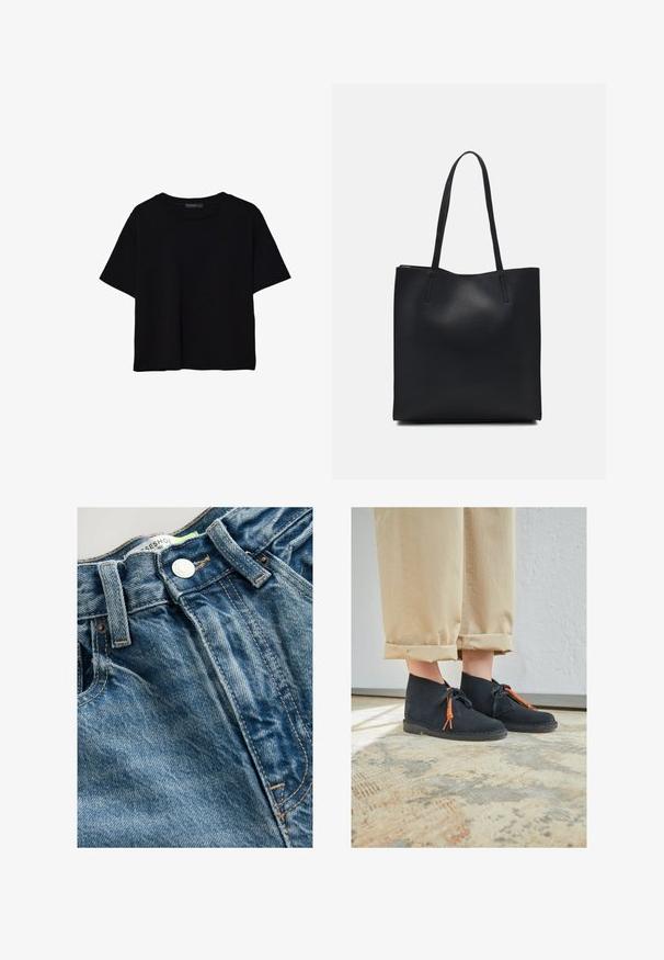 Črna kratkotrajna majica brez rokavov iz bombaža. Ima okroglo ovratnico in sproščen kroj z gladko, enostavno teksturo. Brez vidnih vzorcev ali dodatkov.; Jeans iz jeansa imajo svetlo modro barvo s podrobnostmi whiskering. Pas vključuje kovinski gumb in vidno šivanje ob šivih.; Črne semiš gležnjarje z oranžnimi vezalkami, zaobljenim nosom in nizkim gumijastim podplatom; v kombinaciji z zavitimi bež hlačami na teksturirani površini.; Črna usnjena torba s svilnato teksturo, pravokotne oblike in dvema dolgima ročajema. Brez vidnih metalnih delov ali okrasnih elementov.