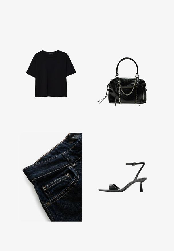 T-shirt nera a maniche corte in cotone. Presenta un collo rotondo e una vestibilità ampia con una texture liscia e uniforme. Nessun motivo o accento visibile.; Jeans in denim blu scuro con cuciture arancioni a contrasto, dotati di una tasca anteriore, dettaglio del rivetto e una texture liscia.; Bershka Sandali con tacco - black; Bershka WITH CHAIN - Borsa a mano - black