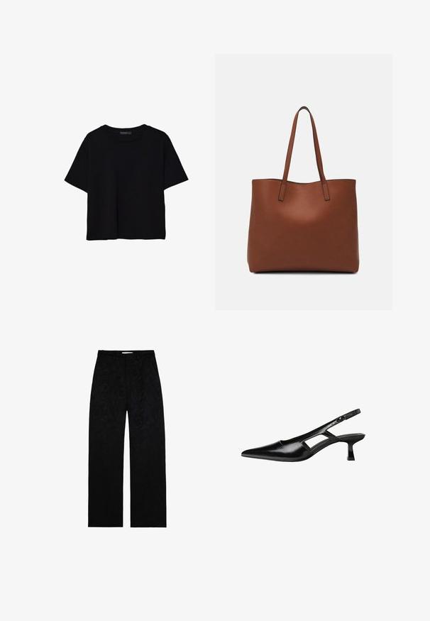 Schwarzes T-Shirt mit kurzen Ärmeln aus Baumwolle. Verfügt über einen runden Ausschnitt und einen lockeren Schnitt mit einer glatten, einfarbigen Textur. Keine sichtbaren Muster oder Akzente.; Schwarze weite Hosen mit einem strukturierten Blumenmuster, schrägen Vordertaschen und einem normalen Bund. Hergestellt aus einem weichen Stoff.; Schwarze Lackleder-Slingback-High Heels mit spitzer Zehenform, ausgeschnittenem Seitendesign und kleinem Blockabsatz. Glatte Textur mit minimalen Akzenten.; Braune Leder-Tote mit glatter Textur, offenem Oberteil und zwei Schulterriemen. Verfügt über minimale Nähte und keine sichtbaren Beschläge.