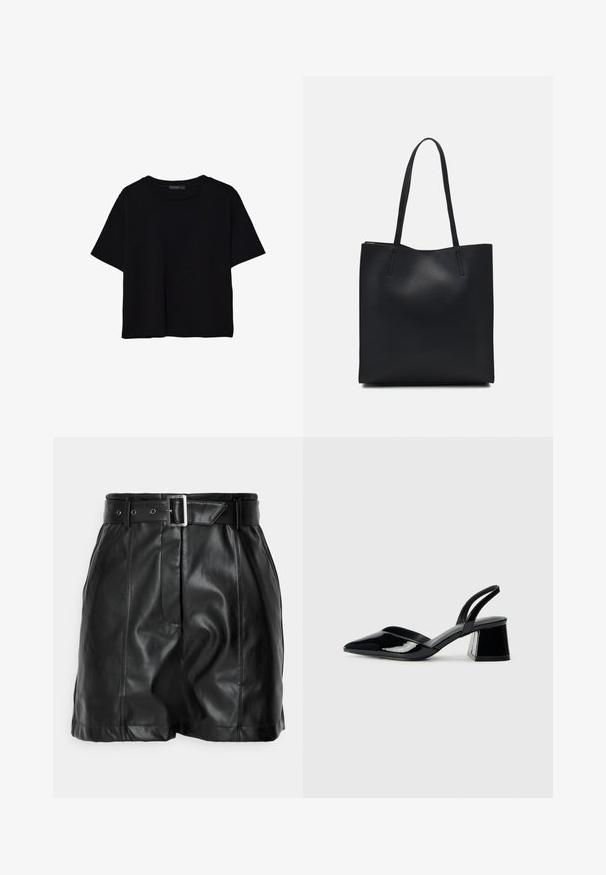 Črna kratkotrajna majica brez rokavov iz bombaža. Ima okroglo ovratnico in sproščen kroj z gladko, enostavno teksturo. Brez vidnih vzorcev ali dodatkov.; Črne usnjene hlače s gladko teksturo, visokim pasom in širokim pasom z pravokotno srebrno zaponko. Pregibna zasnova na sprednji strani.; Črne lakirane slingback pete s koničastim nosom in geometrijsko blokasto peto. Imajo eleganten, minimalističen dizajn in gladko teksturo.; Črna usnjena torba s svilnato teksturo, pravokotne oblike in dvema dolgima ročajema. Brez vidnih metalnih delov ali okrasnih elementov.