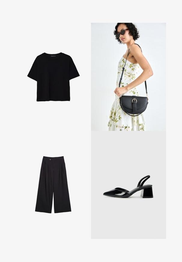 Čierne tričko s krátkym rukávom vyrobené z bavlny. Má okrúhly výstrih a voľný strih s hladkou, jednofarebnou textúrou. Žiadne viditeľné vzory ani akcenty.; Čierne nohavice s širokými nohavicami vyrobené z hladkej látky, s prednými záhybmi, zapínaním na gombík a dizajnom s vysokým pásom.; Čierne lakované kožené sandálové podpätky s špicatou špičkou a geometrickým blokovým podpätkom. Disponujú elegantným, minimalistickým dizajnom a hladkým povrchom.; Čierna kožená kabelka s zaobleným tvarom, odnímateľným popruhom a zlatými doplnkami. Kabelka má klopu s detailom s prackou.