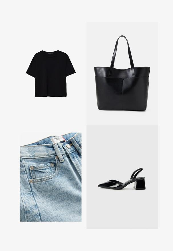 Mustat lyhyet hihavat t-paidat, jotka on valmistettu puuvillasta. Ominaisuuksiin kuuluu pyöreä kaula-aukko ja löysä istuvuus sekä sileä, yksinkertainen pinta. Ei näkyviä kuvioita tai koristeita.; Vaaleansiniset keskikorkeat farkut, joissa on teksturoitu pinta, etupienelleTasku ja metallinen painonappisulku. Erottuva ommel näkyvissä.; Mustat patentoitu nahkakengät, joissa on säären takaosa ja terävä kärki, sekä geometrinen palikkakorko. Sisältää tyylikkään, minimalistisen muotoilun ja sileän pinnan.; Musta nahkainen kassi, jossa on kaksi pitkää kahvaa, sileä pinta ja jämäkkä muoto. Sisältää etutaskun lisävarastointia varten.