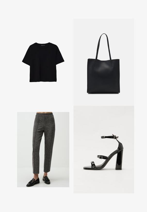Schwarzes T-Shirt mit kurzen Ärmeln aus Baumwolle. Verfügt über einen runden Ausschnitt und einen lockeren Schnitt mit einer glatten, einfarbigen Textur. Keine sichtbaren Muster oder Akzente.; Grau gemusterte Hose mit glatter Textur, hoher Taille und geradem Bein, kombiniert mit schwarzen Slippern.; Schwarze patentierte Sandalen mit Absatz, quadratischer Spitze, Knöchelriemen und silbernen Schnallen. Mit einem stabilen Blockabsatz für mehr Stabilität.; Schwarze Laptoptasche aus Leder mit glatter Textur, rechteckiger Form und zwei langen Griffen. Keine sichtbaren Beschläge oder Verzierungen.