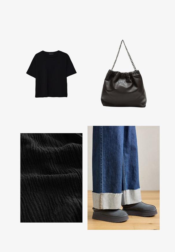 T-shirt noir à manches courtes en coton. Présente un col rond et une coupe ample avec une texture lisse et unie. Aucun motif ni accent visible.; Tissu noir texturé avec une surface froissée, comportant des lignes prononcées et des variations de profondeur, indiquant un matériau doux.; Jean en denim à jambes larges avec un ourlet effiloché, présentant un revers en denim clair contrastant. Associé à des bottes en daim gris à semelle épaisse.; Sac en cuir marron avec un haut froncé et une bandoulière en chaîne. Texture lisse avec une finition brillante et des coutures subtiles sur les côtés.