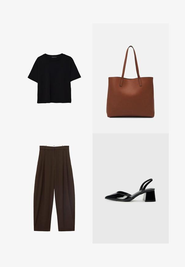 Crna majica kratkih rukava od pamuka. Ima okrugli izrez i labav kroj s glatkom, jednoličnom teksturom. Nema vidljivih uzoraka ili akcenta.; Smeđe hlače visokog struka s nabranim detaljima, izrađene od glatkog materijala. Labav kroj, ravne nogavice, sa petljama za remen i zatvaračem na munju.; Crne lakirane kožne sandale s otvorenom petom i špicastim vrhom, s geometrijskom blok petom. Imaju elegantan, minimalistički dizajn i glatku teksturu.; Smeđa kožna torba preko ramena s glatkom teksturom, otvorenim vrhom i dvjema naramenicama. Ima minimalne šavove i nema vidljivog hardvera.