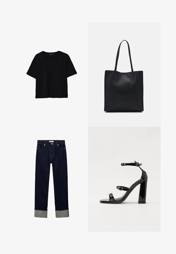 Mustat lyhyet hihavat t-paidat, jotka on valmistettu puuvillasta. Ominaisuuksiin kuuluu pyöreä kaula-aukko ja löysä istuvuus sekä sileä, yksinkertainen pinta. Ei näkyviä kuvioita tai koristeita.; Tummansiniset farkut suoranlahkeisella muotoilulla, vaaleanharmaat kääntöhihoilla ja näkyvillä ompeluyksityiskohdilla taskuissa sekä vyötärönauhassa.; Musta kiiltävä korkokenkä sandaalit neliönmuotoisella varpaalla, nilkkaremmillä ja hopeisilla soljilla. Varustettu tukevalla lohkokorkealla vakauden takaamiseksi.; Mustapahkainen kangaskassi, jossa on sileä pinta, suorakaiteen muotoinen ja kaksi pitkää kahvaa. Ei näkyvää metalliosaa tai koristeita.