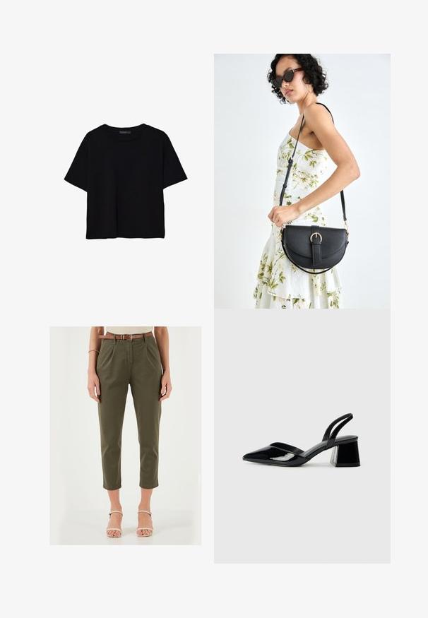 Crna majica kratkih rukava od pamuka. Ima okrugli izrez i labav kroj s glatkom, jednoličnom teksturom. Nema vidljivih uzoraka ili akcenta.; Maslinasto zelene krojene hlače s pregibima, skraćene dužine i smešnim pojasom. Materijal izgleda gladak; sadrži bočne džepove i prilagođen struk.; Crne lakirane kožne sandale s otvorenom petom i špicastim vrhom, s geometrijskom blok petom. Imaju elegantan, minimalistički dizajn i glatku teksturu.; Crna kožna torba s lukovitim oblikom, odvojivim remenom i zlatnim detaljima. Torba ima preklop s kopčom.