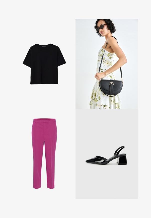 Zwart kortemouwen t-shirt van katoen. Heeft een ronde hals en een losse pasvorm met een gladde, egaal textuur. Geen zichtbare patronen of accenten.; Kaffe KASAKURA - Chino - festival fuchsia; Zwarte gepatineerde leren slingback hakken met een spitse neus en een geometrische blokhak. Kenmerkt zich door een slank, minimalistisch ontwerp en een gladde textuur.; Zwarte leren handtas met een gebogen vorm, afneembare schouderband en gouden hardware. De tas heeft een klep met een gespsluiting.